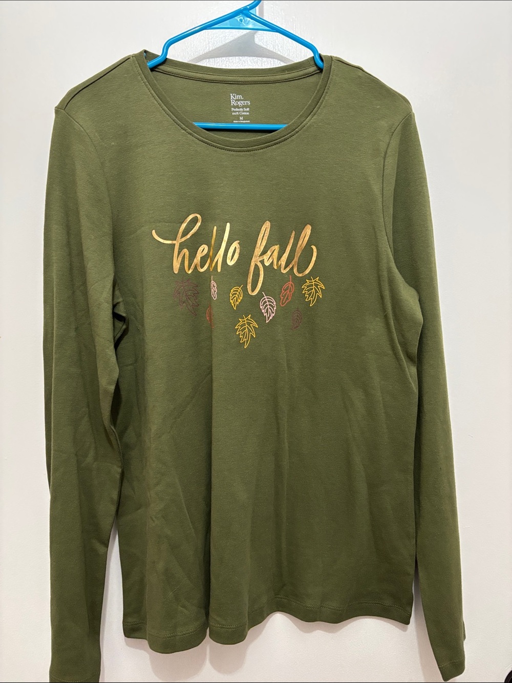 Sz M “new” Kim Rogers Olive Green Long-Sleeve 'Hello Fall' Graphic Tee